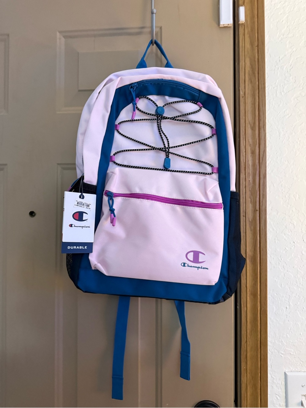 Champion Pink and Blue Kids Backpack with Bungee Front